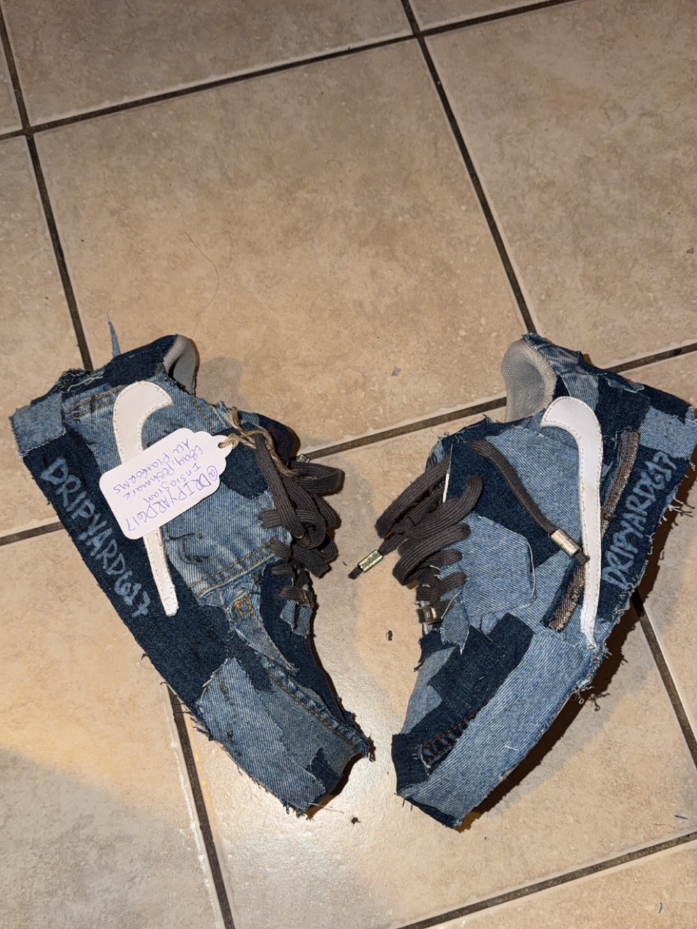 Dripyard617 Patchwork Denim Custom Air Force 1 Sneakers with White Swoosh SZ 9.5